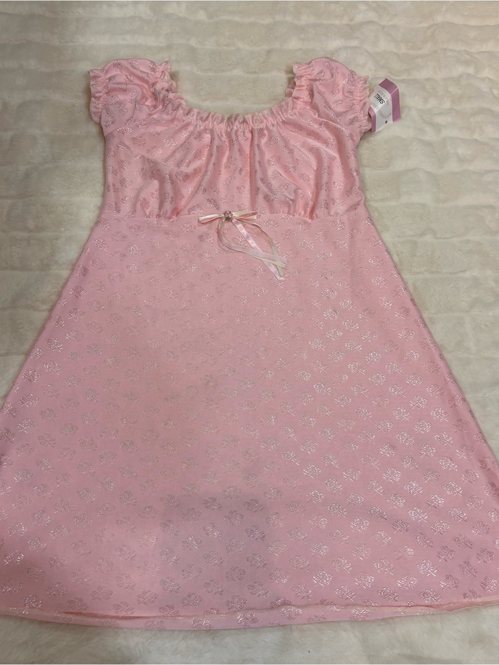Women’s Pink dress with Silver Accents and tiny rose bow handmade
